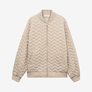 Mango Quilted Bomber Jacket Beige Neutral Padded Zip Up Oversized XL